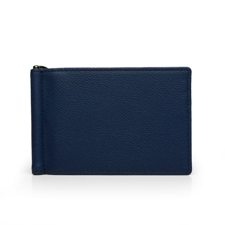 Navy blue leather card wallet with money clip on a white background