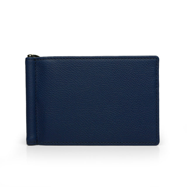 Navy blue leather card wallet with money clip on a white background