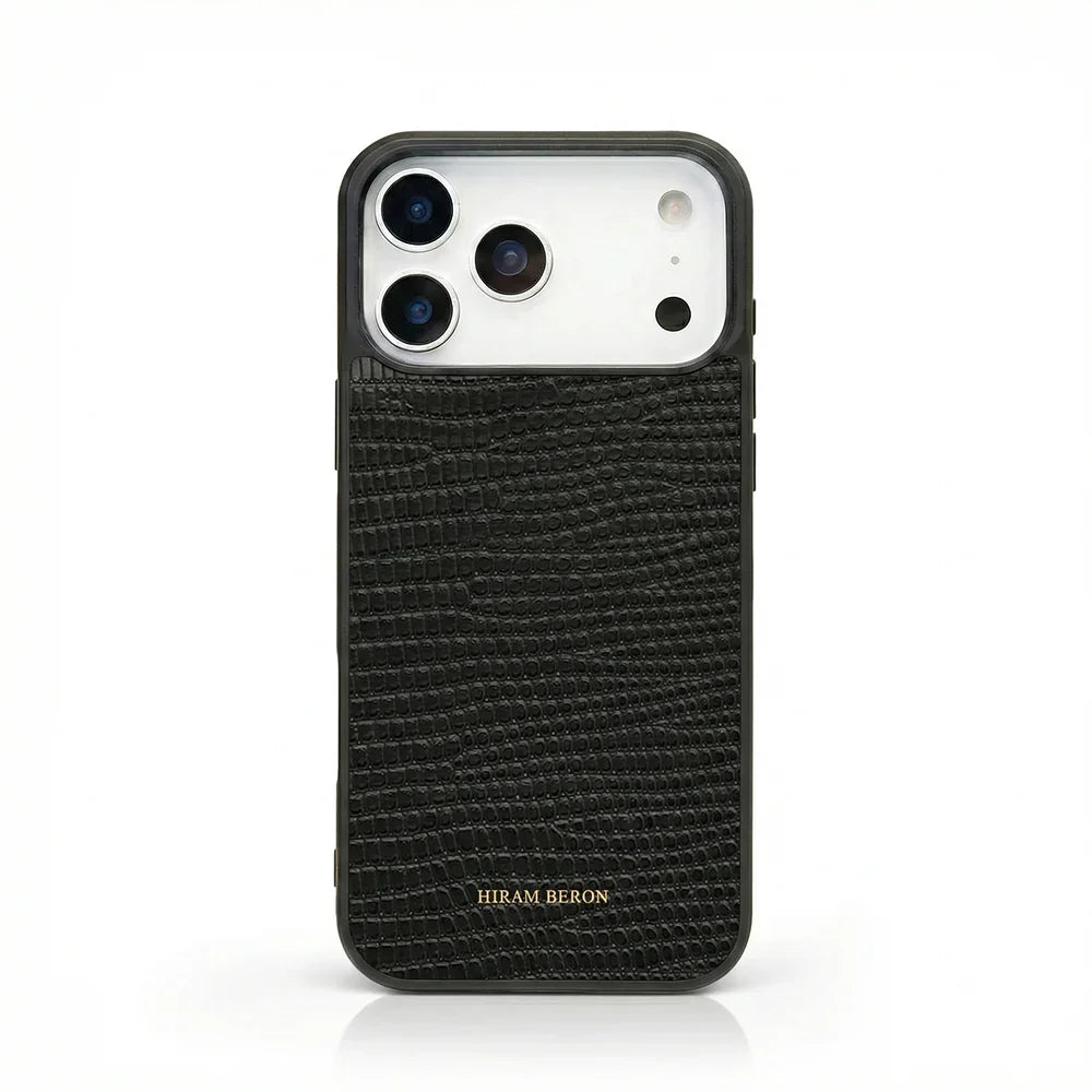 black lizard pattern iphone 17 pro max case with HIRAM BERON brand name on it