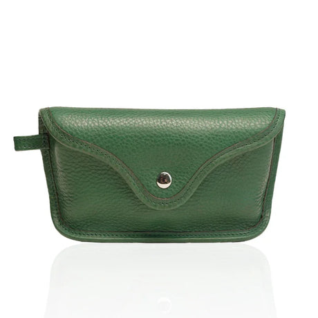 Wholesale green vegetable tanned leather sunglasses case with secure closure for OEM brands.