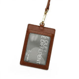 Brown leather ID holder with a clear card window on a white background