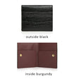 Black aligator-patterned wallet on top, open burgundy wallet with gold buttons on bottom, labeled 'outside black' and 'inside burgundy'.