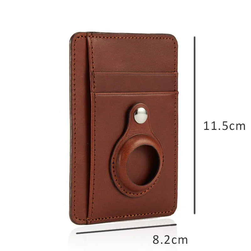 brown full grain leather airtag wallet with size description