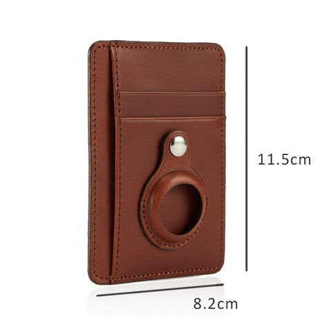 brown full grain leather airtag wallet with size description