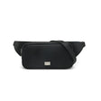 Black saffiano belt bag with a brand logo on a white background