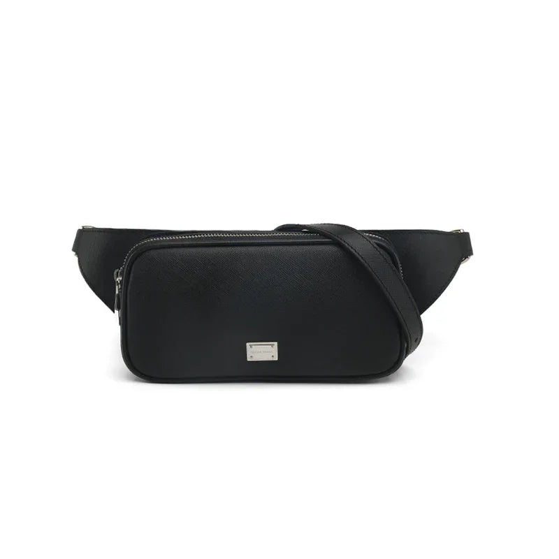 Black saffiano belt bag with a brand logo on a white background