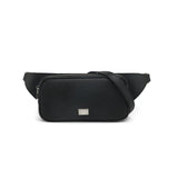 Black saffiano belt bag with a brand logo on a white background