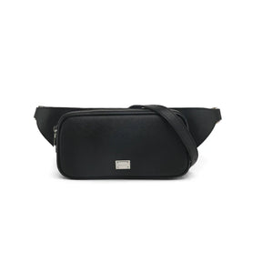Black saffiano belt bag with a brand logo on a white background