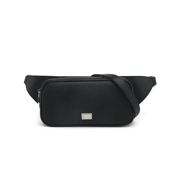 Black saffiano belt bag with a brand logo on a white background
