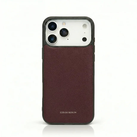 burgundy italian saffiano leather iphone 17 pro case with white background