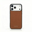 Brown leather phone case with black border on a white background