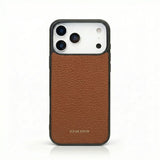 Brown leather phone case with black border on a white background