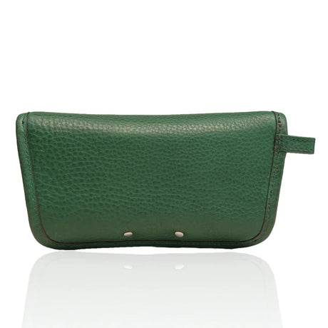 Green leather sunglasses case on a white background
