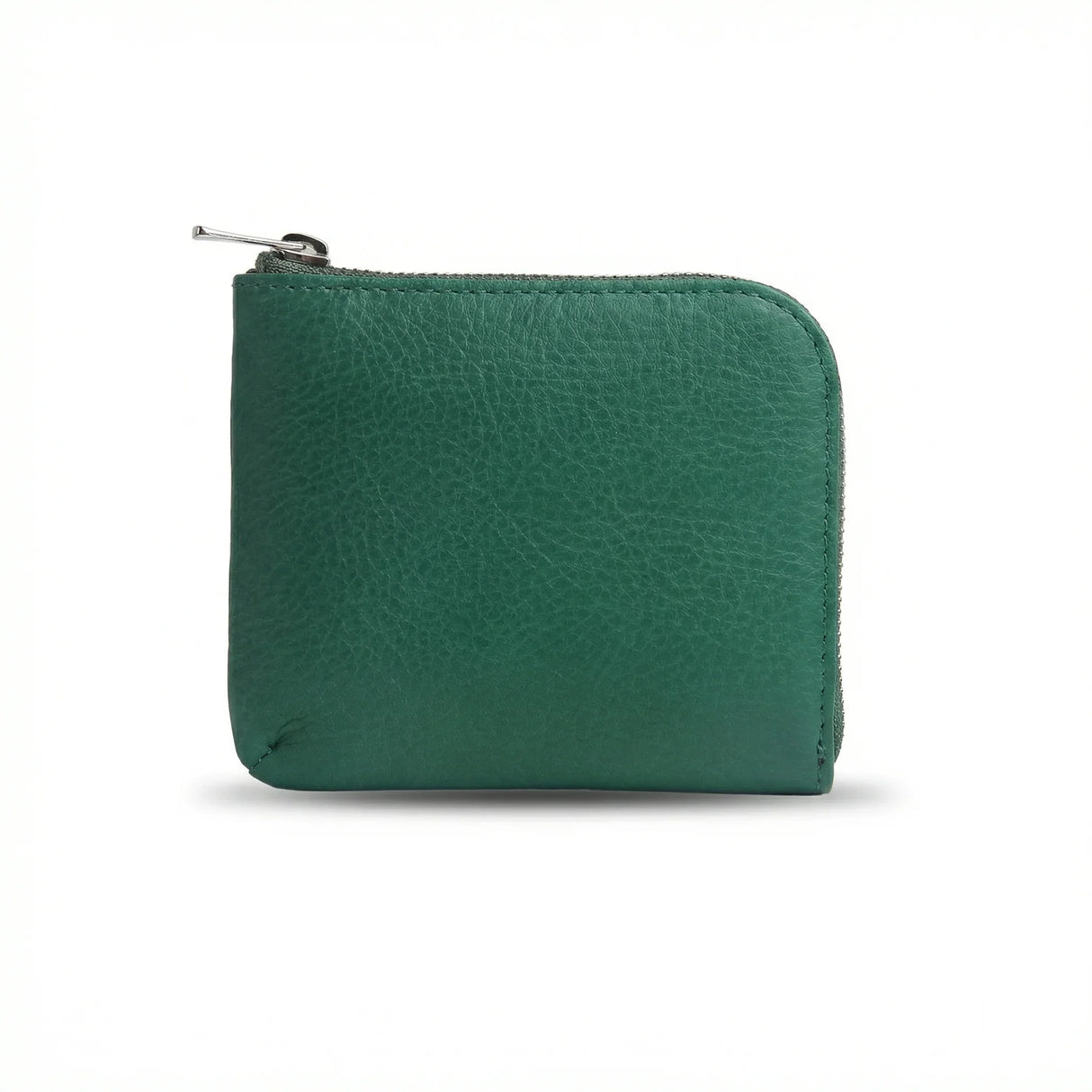 Green vegetable tanned leather coin wallet with a zipper on a white background