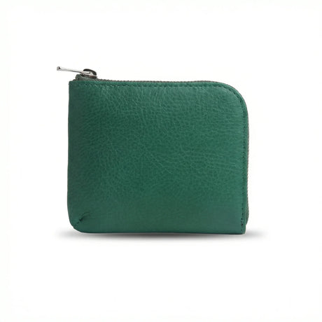 Green vegetable tanned leather coin wallet with a zipper on a white background