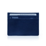 Navy blue lizard pattern leather cardholder on a white background