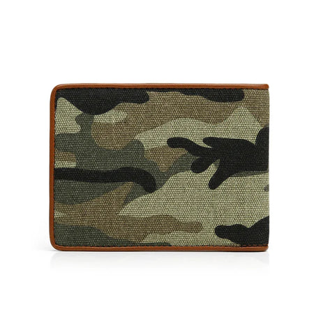 The back of camouflage canvas wallet with brown border on a white background