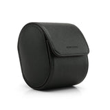 Black leather round watch roll case on a white background