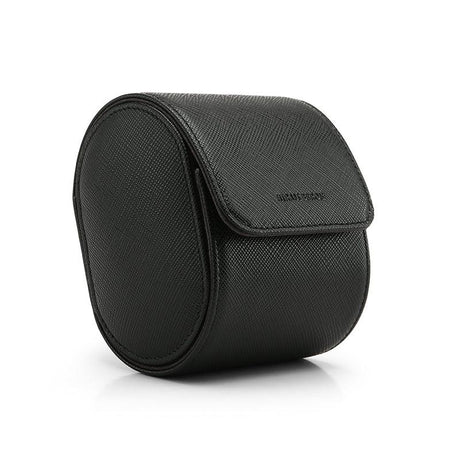 Black leather round watch roll case on a white background
