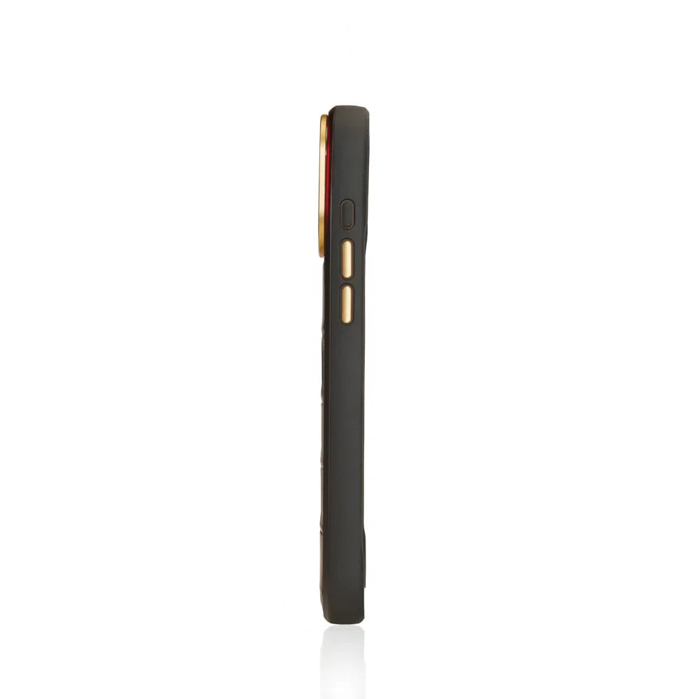 Black phone case with gold trim and side buttons, luxury leather accessory