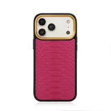 Pink snakeskin iPhone case with gold camera trim, luxury leather phone cover