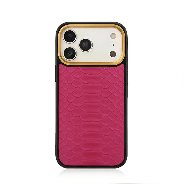 Pink snakeskin iPhone case with gold camera trim, luxury leather phone cover