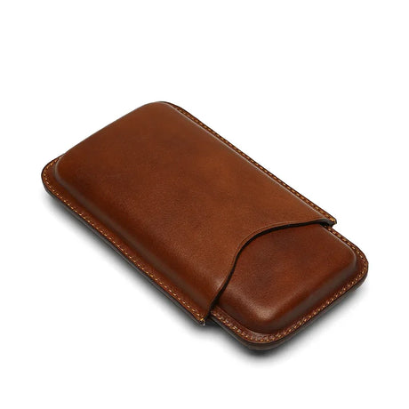 Handcrafted brown leather phone sleeve with precise stitching, ideal for luxury dropshipping or OEM