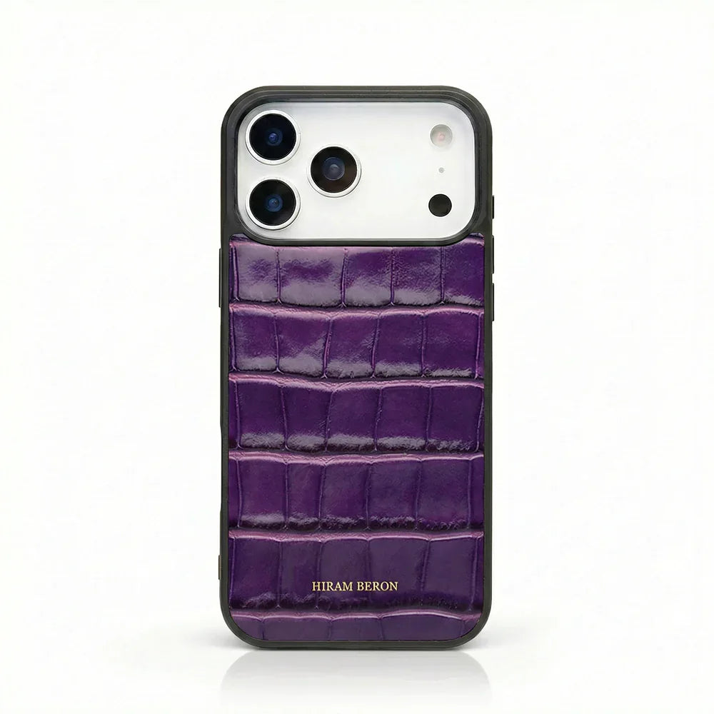 Purple crocodile texture leather iPhone case with Hiram Beron branding, luxury phone accessory