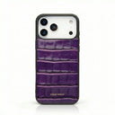 Purple crocodile texture leather iPhone case with Hiram Beron branding, luxury phone accessory
