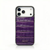 Purple crocodile texture leather iPhone case with Hiram Beron branding, luxury phone accessory