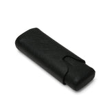Black textured leather eyeglass case with secure strap closure, ideal for luxury accessories and private label branding.