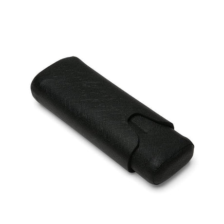 Black textured leather eyeglass case with secure strap closure, ideal for luxury accessories and private label branding.
