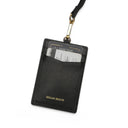 Black leather cardholder with a lanyard on a white background