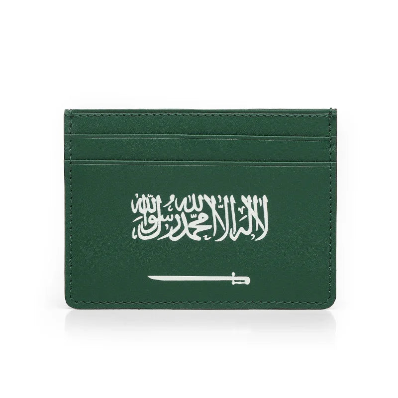 Green cardholder with white Arabic calligraphy and a sword emblem on a white background