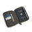 grey passport wallet with compartments for a passport, card, and phone on a white background