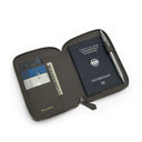 grey passport wallet with compartments for a passport, card, and phone on a white background