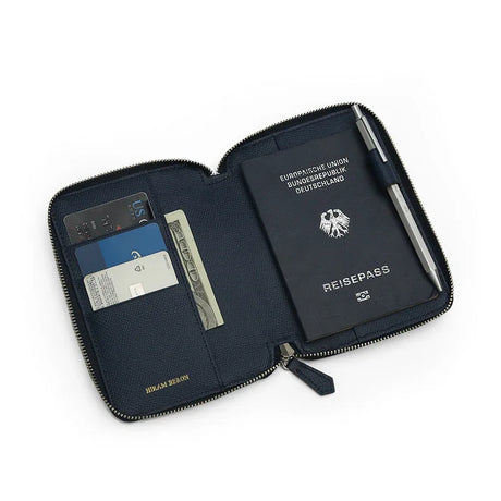 Navy blue epsom leather passport wallet with a German passport and cards on a white background