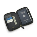 Black passport wallet with a German passport, cards, and a pen on a white background