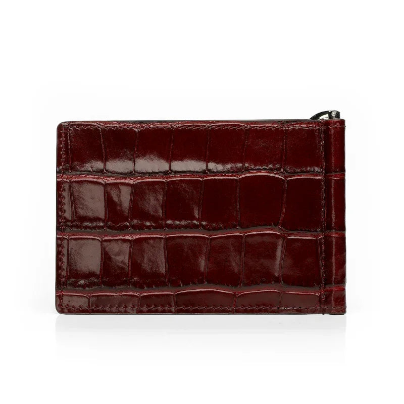 Back View Brown crocodile-patterned money clip wallet on a white background