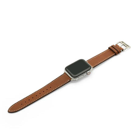 Smartwatch with a brown leather strap on a white background