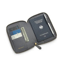 Gray passport wallet with a German passport and other documents on a white background
