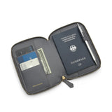 Gray passport wallet with a German passport and other documents on a white background