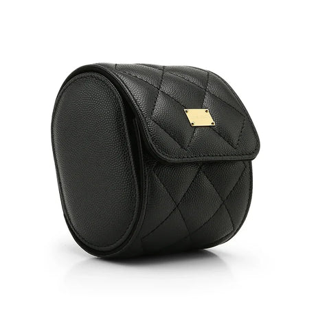 Black leather watch roll with a gold plate logo on a white background