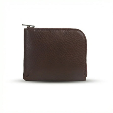Dark Brown leather coin wallet with a zipper on a white background