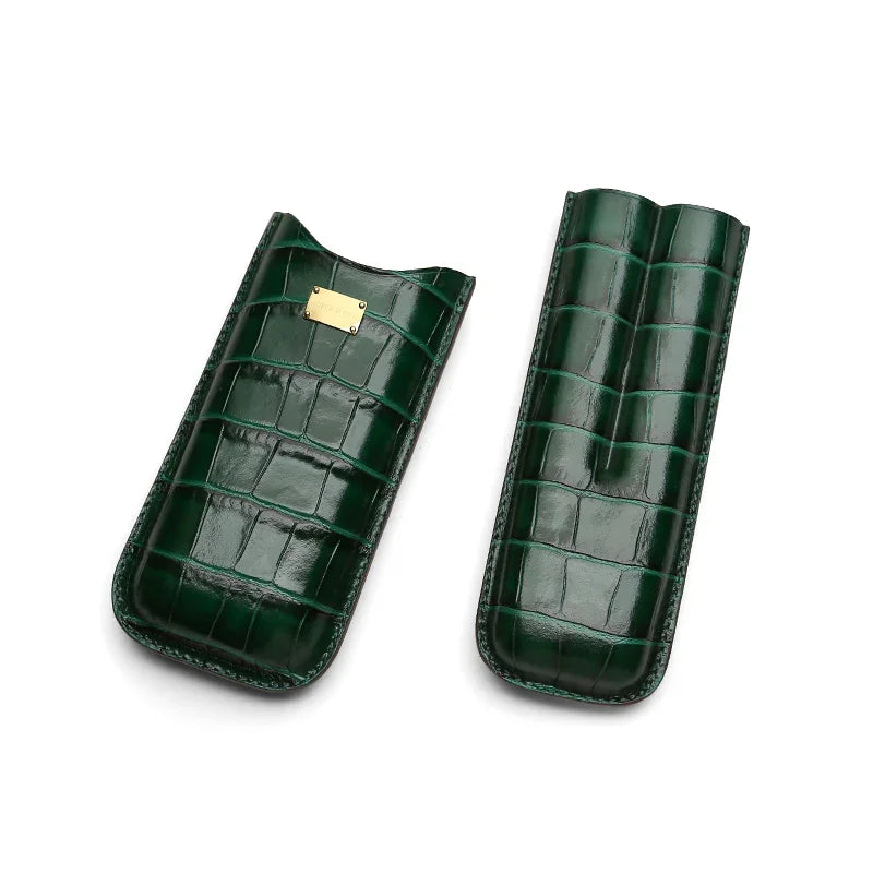 Luxury emerald green crocodile leather cigar case with gold plaque, premium travel accessory