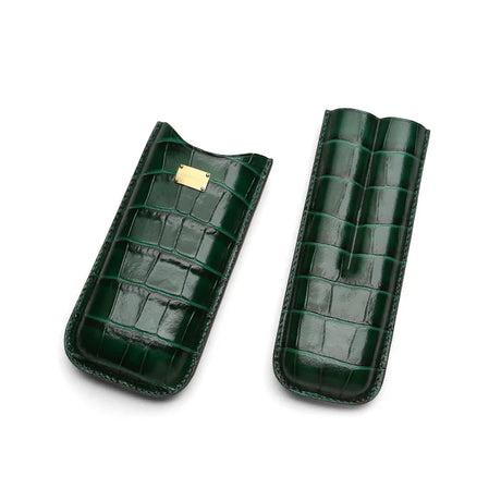 Luxury emerald green crocodile leather cigar case with gold plaque, premium travel accessory