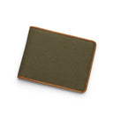 Green canvas wallet with brown leather border on a white background