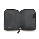Black leather passport wallet with zipper on a white background