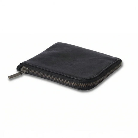 Black zippered coin pouch on a white background