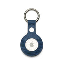 Blue textured leather AirTag keychain with metal ring, sleek Apple tracker accessory